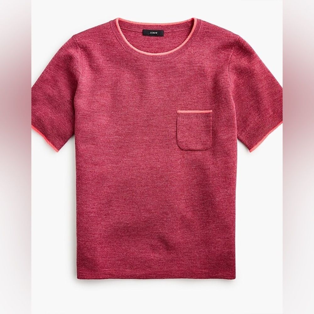 J. Crew Short-Sleeve Scoop Neck Sweater in Heathered Rose with Contrast Trim